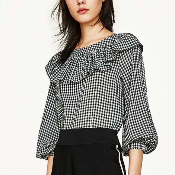 Zara Tops - Zara Frilled Gingham Ruffle Neck Top
